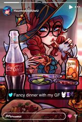 1girl animal_ears aurora_(league_of_legends) bare_shoulders black-framed_eyewear black_hat blue_hat bottle coca-cola ears_through_headwear english_text fingerless_gloves food glasses gloves grey_gloves gwen_(league_of_legends) hat highres instagram_story league_of_legends poposhirat rabbit_ears round_eyewear sitting smile taco witch_hat