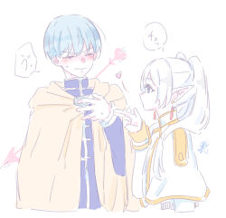1boy 1girl absurdres arrow_(symbol) blowing_kiss blue_eyes blue_hair blue_jacket blush brown_cloak capelet cloak closed_eyes closed_mouth cropped_torso earrings elf frieren hair_between_eyes hair_over_shoulder hand_up heart hetero highres himmel_(sousou_no_frieren) hood hood_down hooded_cloak jacket jewelry long_hair long_sleeves nose_blush pointy_ears profile seila_rei simple_background sousou_no_frieren sweat translation_request twintails upper_body v-shaped_eyebrows white_background white_capelet white_hair