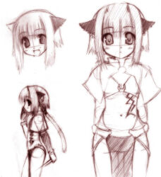 1girl 2000s_(style) animal_ears bad_source bikini bikini_top_only blush capelet cat_ears commentary_request cowboy_shot flat_chest greyscale looking_at_viewer lowres mage_(ragnarok_online) monochrome multiple_views navel oohira_sunset open_mouth pelvic_curtain ragnarok_online simple_background sketch swimsuit