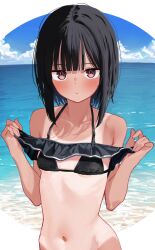 Rule 34 | 1girl, absurdres, bikini, bikini bottom lift, black bikini, black hair, blue sky, blunt bangs, bob cut girl (memekko), breasts, brown eyes, cloud, collarbone, commentary request, day, highres, looking at viewer, medium hair, memekko, ocean, original, outdoors, sky, small breasts, solo, swimsuit, tan, tanline, upper body