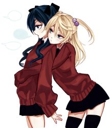 Rule 34 | 2girls, alois trancy, black skirt, black thighhighs, blank speech bubble, blonde hair, blue eyes, blue hair, cardigan, ciel phantomhive, commentary, cowboy shot, english commentary, genderswap, genderswap (mtf), hair between eyes, hair bobbles, hair ornament, hair ribbon, highres, hug, hug from behind, kuroshitsuji, long hair, looking ahead, looking at another, miniskirt, multiple girls, pleated skirt, red cardigan, ribbon, simple background, skirt, sleeves past wrists, speech bubble, thighhighs, two side up, white background, wormy owo, zettai ryouiki