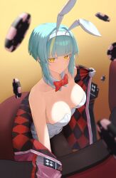 Rule 34 | 1boy, 1girl, absurdres, animal ear hairband, animal ears, bare shoulders, black pantyhose, black survival, blue hair, bow, bowtie, breasts, celine marie noel, closed mouth, collared shirt, commentary, detached collar, english commentary, eternal return: black survival, fake animal ears, gloves, gradient background, hairband, highres, jacket, large breasts, leotard, looking at viewer, multicolored hair, open clothes, open jacket, pantyhose, pink jacket, playboy bunny, poker chip, rabbit ears, red bow, red bowtie, schoppi 0731, shirt, short hair, sidelocks, solo, streaked hair, two-sided fabric, two-sided jacket, white gloves, white hairband, white knight leo, yellow background, yellow eyes