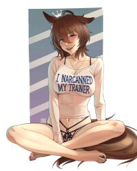 Rule 34 | 1girl, absurdres, agnes tachyon (umamusume), ahoge, animal ears, artist name, asymmetrical gloves, barefoot, black nails, black panties, breasts, brown eyes, brown hair, collarbone, commentary, crop top, english commentary, english text, feet, full body, gloves, hair between eyes, hair ornament, highleg, highleg panties, highres, horse ears, horse girl, horse tail, impossible clothes, impossible shirt, indian style, jewelry, large breasts, lingerie, long sleeves, looking at viewer, medium hair, nail polish, navel, necklace, no pants, on ground, panties, puto trash, shirt, sitting, smile, solo, stomach, striped background, tail, teeth, toenail polish, toenails, toes, umamusume, underwear, uneven eyes, upper teeth only