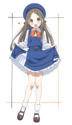 1girl absurdres alternate_costume belt beret blush breasts brown_eyes brown_hair clothes_lift full_body gakuen_idolmaster hair_ornament hat highres idolmaster kuramoto_china long_hair looking_at_viewer open_mouth rakushi_(kamekameha222) ribbon shoes small_breasts standing white_background