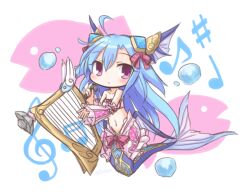 1girl blue_hair chibi dress emil_chronicle_online frilled_dress frills frr_(akf-hs) harp horns instrument long_hair lorelei_lore mermaid monster_girl navel purple_eyes