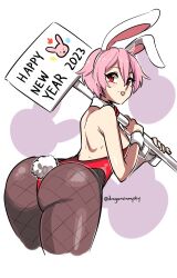1girl :p ahoge animal_ears ass back bare_back bare_shoulders brown_pantyhose commentary cowboy_shot d-ryuu detached_collar english_commentary english_text fake_animal_ears fake_tail fishnet_pantyhose fishnets from_behind hair_between_eyes happy_new_year highleg highleg_leotard highres holding holding_sign huge_ass leotard looking_at_viewer looking_back new_year official_alternate_costume original pantyhose pink_hair playboy_bunny purple_background rabbit rabbit_ears rabbit_tail red_eyes red_leotard short_hair sign signpost simple_background solo strapless strapless_leotard tail thick_thighs thighs thong_leotard tongue tongue_out twitter_username two-tone_background white_background wide_hips wrist_cuffs
