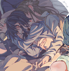Rule 34 | 2girls, black hair, blush, braid, brown hair, chinese commentary, clothes lift, commentary request, commission, dated, earrings, grabbing another&#039;s breast, grabbing from behind, groping, half up braid, highres, jewelry, lanserongjie, medium hair, miyagi shiori, multiple girls, on bed, parted lips, second-party source, sendai hazuki, shirt, shirt lift, shuuniichido classmate wo kau hanashi, stud earrings, white shirt, yuri