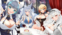 Rule 34 | absurdres, aerial fireworks, alcohol, animal ear fluff, animal ears, anniversary, apron, aqua eyes, aqua nails, aqua streaks, azur lane, bare shoulders, black dress, blonde hair, blue collar, blue dress, blue eyes, blush, bottle, breasts, cake, cheshire (azur lane), cleavage, clothing cutout, cocktail dress, collar, commentary request, cross-shaped pupils, crossed legs, cup, curtains, detached sleeves, dress, drinking glass, elbow gloves, evening gown, fake animal ears, fang, feather boa, fireworks, food, fox ears, fox girl, framed breasts, frilled hairband, frills, fruit, gloves, gold thighlet, gradient clothes, gradient dress, gradient hair, grey hair, hair over shoulder, hairband, halter dress, halterneck, highres, holding, holding cup, holding tray, howe (azur lane), howe (evening marvels) (azur lane), huge breasts, kitsune, kyuubi, large breasts, large tail, leaning forward, long hair, looking at viewer, maid headdress, multicolored hair, multiple tails, nail polish, night, official alternate costume, puffy detached sleeves, puffy sleeves, purple apron, red dress, red wine, scylla (azur lane), shinano (azur lane), shinano (dreams of the hazy moon) (azur lane), skin fang, sleeveless, sleeveless dress, strawberry, streaked hair, symbol-shaped pupils, tail, tray, tsuri pi, underboob cutout, v, v arms, very long hair, white dress, white gloves, white hair, white tail, window, wine, wine bottle, wine glass