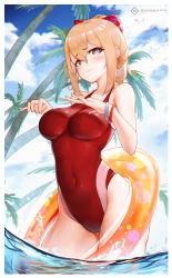 1girl absurdres bare_shoulders bird blonde_hair blue_eyes blush breasts chinese_commentary commentary_request competition_swimsuit covered_navel day english_text genshin_impact hair_between_eyes heart heart-shaped_pupils highres innertube jean_(genshin_impact) l_ract large_breasts long_hair looking_at_viewer one-piece_swimsuit outdoors palm_tree red_one-piece_swimsuit sky solo standing swim_ring swimsuit symbol-shaped_pupils tree wading water wristband