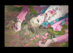 1boy absurdres black_border blonde_hair blue_flower border collared_shirt eyes_visible_through_hair fate/grand_order fate_(series) flower grass green_eyes grin heterochromia highres jacket long_hair long_sleeves looking_at_viewer lying male_focus on_back on_grass open_clothes open_collar open_jacket petals pink_flower pink_jacket purple_eyes shirt smile solo white_shirt wing_collar wolfgang_amadeus_mozart_(fate) wolfgang_amadeus_mozart_(traveling_outfit)_(fate) yukkuri_(fumoyun)