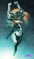 Rule 34 | 1girl, arms at sides, artist name, black skin, blue background, breasts, chromatic aberration, collarbone, colored sclera, colored skin, completely nude, fang, fang out, female focus, full body, gradient background, grey helmet, happy, helmet, legs, legs together, long hair, looking at viewer, midna, multicolored skin, navel, no nipples, no pussy, nude, one eye covered, orange hair, parted lips, patreon username, pointy ears, red eyes, shiny skin, signature, small breasts, smile, solo, standing, stomach, suahh, the legend of zelda, the legend of zelda: twilight princess, thighs, two-tone skin, watermark, web address, white skin, wide hips, yellow sclera