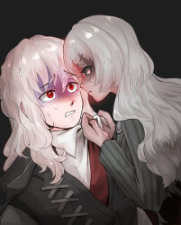 alternate_universe anger_vein black_background black_coat black_vest coat collared_shirt grey_hair grey_jacket highres jacket la_manchaland&#039;s_don_quixote_(project_moon) limbus_company long_hair necktie project_moon red-eye_effect red_necktie ryum11 scared shirt simple_background striped_clothes striped_jacket sweatdrop vest white_shirt