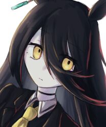 Rule 34 | 1girl, animal ears, black choker, black coat, black shirt, choker, closed mouth, coat, collared shirt, ear tag, earrings, expressionless, hair between eyes, highres, horse ears, horse girl, jewelry, long hair between eyes, manhattan cafe (umamusume), necktie, shirokurolonely, shirt, simple background, single earring, solo, umamusume, white background, yellow eyes, yellow necktie