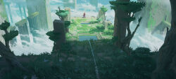 1girl bird black_boots blue_sky boots brown_hair castle cliff cloud commentary day english_commentary flock from_behind full_body grass highres hood hood_down hooded_robe jef_wu long_hair long_sleeves moss original outdoors overgrown pillar pool purple_robe robe scenery shade simple_bird sky solo standing tree wide_shot