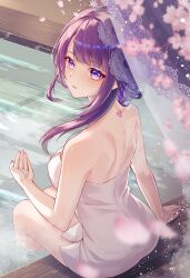 1girl absurdres breasts commentary_request fingernails from_behind genshin_impact highres large_breasts long_hair looking_at_viewer looking_back mole mole_under_eye nail_polish naked_towel onsen parted_lips purple_eyes purple_hair purple_nails raiden_shogun sitting solo towel water yuno_kaihara