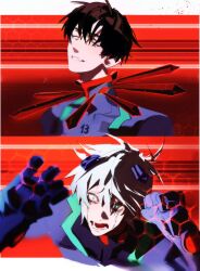 2boys alien_stage black_hair closed_eyes commentary cosplay english_commentary green_eyes grey_hair highres ikari_shinji ikari_shinji_(cosplay) interface_headset_(evangelion) ivan_(alien_stage) male_focus mecha_pilot_suit multiple_boys nagisa_kaworu nagisa_kaworu_(cosplay) neon_genesis_evangelion open_mouth plugsuit_(evangelion) short_hair smile till_(alien_stage) uchiha_i_arts very_short_hair