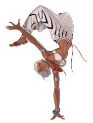 1girl armlet baggy_pants bandeau bare_shoulders blue_eyes blunt_bangs bracelet breasts dark-skinned_female dark_skin earrings elena_(street_fighter) erzomori feet handstand highres hoop_earrings jewelry lips looking_at_viewer medium_breasts midriff navel necklace pants parted_lips sandals shoes short_hair smile solo standing strapless street_fighter street_fighter_6 toned tube_top underboob upside-down white_hair white_pants