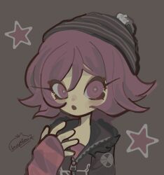 1girl :o artist_name beanie black_hat black_jacket bright_pupils commentary double-parted_bangs english_commentary flipped_hair fur-trimmed_jacket fur_trim grey_background hair_between_eyes hand_up hat highres hood hood_down hooded_jacket humanization jacket lacepillow long_sleeves looking_at_viewer medium_hair murder_drones no_eyebrows open_mouth pink_shirt pom_pom_(clothes) portrait purple_eyes purple_hair purple_shirt shirt simple_background sleeves_past_wrists solo star_(symbol) striped_clothes striped_shirt two-tone_shirt uzi_(murder_drones) white_pupils zipper
