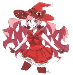Rule 34 | 1girl, bat earrings, bow, closed mouth, collarbone, collared shirt, cosplay, cropped legs, earrings, frilled skirt, frills, funamusea, gallaxi, gloves, haiiro teien, hat, hat bow, jewelry, long hair, looking to the side, low twintails, oounabara to wadanohara, pink hair, pointy ears, rawberry preserves, red bow, red eyes, red gloves, red hat, red sailor collar, red shirt, red skirt, red thighhighs, sailor collar, shirt, signature, sketch, skirt, smile, solo, spikes, thighhighs, tongue, twintails, wadanohara, wadanohara (red sea), wadanohara (red sea) (cosplay)