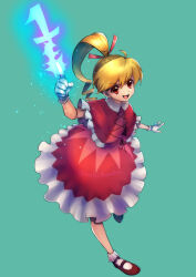 1girl absurdres biscuit_krueger blonde_hair blue_background bobby_socks capelet dress eyelashes full_body gloves highres hunter_x_hunter inoki_(inoki1114) magic mary_janes open_mouth ponytail red_eyes shoes socks solo white_gloves white_socks