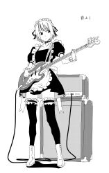 1girl absurdres alternate_costume apron boots choker electric_guitar frills full_body greyscale guitar hei_taiyou highres instrument kon_futaba looking_at_viewer maid maid_headdress monochrome music puffy_short_sleeves puffy_sleeves short_hair short_sleeves solo soredemo_ayumu_wa_yosetekuru standing thighhighs