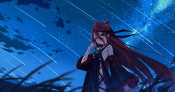 1girl bare_shoulders black_dress black_eyes blush bow braid breasts choker detached_sleeves dress fate/grand_order fate_(series) hair_between_eyes heterochromia highres hoodier long_hair long_sleeves looking_at_viewer night night_sky red_hair shooting_star sky small_breasts solo star_(sky) starry_sky thigh_strap thighs typhon_ephemeros_(fate) typhon_ephemeros_(second_ascension)_(fate) very_long_hair wide_sleeves yellow_eyes