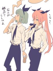 Rule 34 | 2girls, alternate costume, arm at side, black eyes, black hairband, black necktie, black pants, black ribbon, blue hair, can, cigarette, closed mouth, crossdressing, dress shirt, drink can, feet out of frame, hair ribbon, hairband, hand in pocket, highres, holding, holding can, holding cigarette, holding jacket, holding unworn clothes, jacket, jacket over shoulder, long hair, long sleeves, looking at another, multiple girls, necktie, omega ray, omega rio, omega sisters, pants, pink hair, profile, ribbon, shirt, shirt tucked in, short hair, sidelocks, simple background, sleeve rolled up, smoke, smoke trail, smoking, tamo (gaikogaigaiko), translation request, twintails, unbuttoned sleeves, unworn jacket, virtual youtuber, walking, white background, white shirt