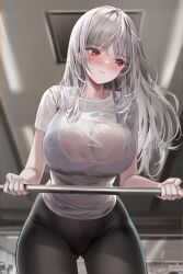 1girl absurdres averting_eyes blush breasts exercising grey_hair gym highres indoors large_breasts lillly long_hair original pants red_eyes see-through_clothes see-through_shirt shirt solo sports_bra sportswear sweat track_pants weightlifting white_shirt yoga_pants