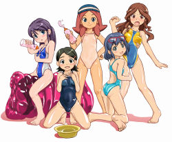5girls arena_(company) asics bad_id bad_pixiv_id barefoot basin bottle competition_swimsuit eyewear_on_head female_focus food gelatin glasses hat highleg highleg_one-piece_swimsuit highres inazuma_eleven inazuma_eleven_(series) kino_aki kudou_fuyuka loli multiple_girls one-piece_swimsuit otonashi_haruna raimon_natsumi riding see-through_clothes shoko_(moccom) swimsuit team water_bottle zaizen_touko