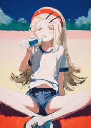 1girl arisu_syndrome arm_at_side blonde_hair blue_shorts blue_sky blush bottle colored_eyelashes gakuen_idolmaster gym_uniform hair_ornament hairband hairpin hand_on_ground hand_up highres holding holding_bottle idolmaster indian_style long_hair looking_at_viewer midriff_peek navel open_mouth orange_hair outdoors red_hairband shinosawa_hiro shirt shoes short_shorts short_sleeves shorts sitting skinny sky solo straight_hair sweat t-shirt water_bottle white_shirt white_shoes