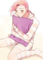 1boy absurdres braid freckles highres holding holding_pillow hugging_object jojo_no_kimyou_na_bouken long_hair long_sleeves male_focus pajamas pillow pillow_hug purple_hair shirt shorts sitting smile socks solo striped_clothes striped_shirt striped_shorts striped_socks vento_aureo vinegar_doppio wariza yashio_kurenai yellow_eyes