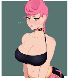 ... 1girl bare_shoulders blush breasts choker cleavage collarbone g3mma green_eyes highres jojo_no_kimyou_na_bouken large_breasts lipstick looking_at_viewer makeup midriff navel parted_lips pink_hair pink_lips simple_background solo strapless sweat trish_una tube_top