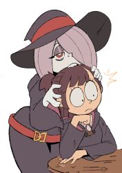 2girls ^^^ absurdres arm_support biting_another&#039;s_head brown_hair closed_mouth commentary constricted_pupils english_commentary hair_over_one_eye hat highres kagari_atsuko little_witch_academia long_hair long_sleeves luna_nova_school_uniform multiple_girls newtype_hero red_eyes school_uniform simple_background south_park_(style) sucy_manbavaran table white_background wide-eyed witch_hat