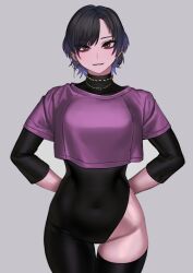 Rule 34 | 1girl, absurdres, arms behind back, black bodysuit, black hair, blue hair, bodysuit, brown eyes, commentary request, cowboy shot, crop top, crop top overhang, earrings, gradient hair, grey background, highres, hip vent, jewelry, kilye kairi, looking at viewer, multicolored hair, necklace, original, short hair, simple background, solo, standing, swept bangs, thigh gap