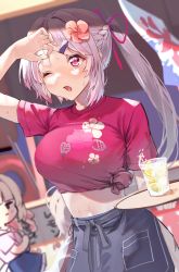 2girls absurdres blush breasts character_request copyright_request cure_heart_(artist) drink floral_print flower food fruit hair_flower hair_ornament hair_ribbon hairclip highres holding holding_tray hot large_breasts lemon lemon_slice midriff multiple_girls one_eye_closed open_mouth ponytail red_eyes red_ribbon ribbon shirt sweat t_t tied_shirt tray virtual_youtuber white_hair wiping_sweat