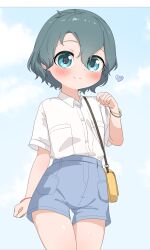1girl absurdres alternate_costume bag black_hair blue_eyes blue_shorts blue_sky blush bracelet casual chis_(js60216) collared_shirt cowboy_shot hair_between_eyes handbag heart high-waist_shorts highres jewelry kaban_(kemono_friends) kemono_friends looking_at_viewer shirt short_hair short_shorts short_sleeves shorts sidelocks sky smile solo t-shirt white_shirt