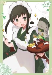 1boy 1girl absurdres admiral_(kancolle) alternate_costume apron black_hair breasts brown_eyes enmaided food frilled_apron frills green_kimono highres japanese_clothes kantai_collection kimono low_ponytail ma_rukan machinery maid maid_headdress medium_breasts mini_person miniboy ponytail short_ponytail sidelocks smile smokestack wa_maid white_apron