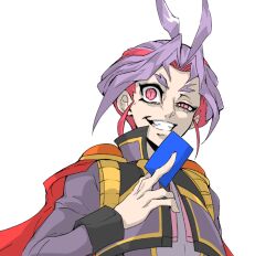 Rule 34 | 1boy, cape, card, half-closed eye, holding, holding card, jacket, joeri (yu-gi-oh!), male focus, purple eyes, purple hair, purple jacket, red cape, simple background, slit pupils, smirk, solo, trading card, upper body, vincent graphic art, white background, yu-gi-oh!, yu-gi-oh! arc-v