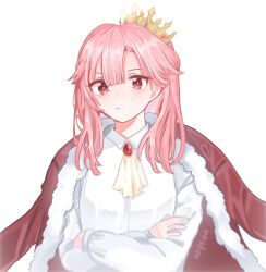 1girl animification ascot brooch coat commentary crossed_arms crown english_commentary fur-trimmed_coat fur_trim gem genderswap genderswap_(mtf) highres jewelry long_sleeves looking_at_viewer medium_hair minecraft_youtube open_clothes open_coat pink_hair red_coat red_eyes red_gemstone shirt solo soysvu sweatdrop techno-chan technoblade upper_body white_ascot white_background white_shirt