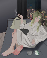 1girl absurdres ashtray barefoot blonde_hair blue_eyes cigarette cigarette_pack feet highres long_hair meitantei_conan nail_polish robe smoking soles toenail_polish toenails toes vermouth_(meitantei_conan)