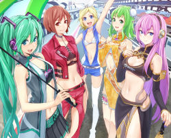 5girls aqua_hair aqua_nails armpits blue_eyes blue_nails bra breasts brown_eyes brown_hair china_dress chinese_clothes choker cleavage double_bun dress flat_chest green_eyes green_hair gumi hair_bun hair_ornament hair_ribbon hairclip happy hatsune_miku kagamine_rin large_breasts legs lingerie long_hair megurine_luka meiko_(vocaloid) midriff multiple_girls nail_polish naughty_face navel open_clothes pink_hair race_queen racing_miku ribbon shorts skirt smile thighhighs umbrella underboob underwear vocaloid waving white_thighhighs yahako