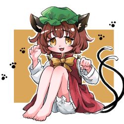 Rule 34 | 00321kakita, 1girl, :3, :d, animal ear fluff, animal ear piercing, animal ears, bare legs, barefoot, bloomers, bow, bowtie, brown background, brown eyes, brown hair, cat ears, cat tail, chen, commentary request, earrings, fangs, fingernails, frills, full body, hands up, hat, jewelry, knees up, legs together, long fingernails, long sleeves, looking at viewer, mob cap, multiple tails, nekomata, open mouth, outline, paw pose, paw print, paw print background, petticoat, puffy long sleeves, puffy sleeves, red skirt, red vest, short hair, simple background, single earring, sitting, skirt, skirt set, slit pupils, smile, solo, tail, tareme, toenails, toes, touhou, two tails, underwear, upskirt, vest, white background, white outline, yellow bow, yellow bowtie