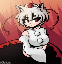 1girl animal_ear_fluff animal_ears black_skirt breasts charlywinds closed_mouth commentary detached_sleeves english_commentary eyeliner gradient_background hair_between_eyes hat highres inubashiri_momiji large_breasts long_sleeves looking_at_viewer makeup orange_background pom_pom_(clothes) red_background red_eyes red_hat red_trim shirt short_hair skirt smile solo split_mouth tokin_hat touhou upper_body v-shaped_eyebrows white_hair white_shirt wide_sleeves wolf_ears wolf_girl