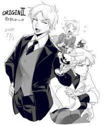 &gt;_&lt; 1girl 2boys artesia_som_deikun ascot breast_pocket casval_rem_deikun cat char_aznable closed_eyes closed_mouth collared_shirt crossed_arms crying cup dated drinking_glass flying_sweatdrops formal_clothes greyscale gundam half-closed_eye halo hand_on_own_hip highres holding holding_cup jacket kade_punch long_sleeves looking_at_another mobile_suit_gundam_the_origin monochrome multiple_boys necktie open_mouth pocket shirt short_hair sideways_glance simple_background sleeves_rolled_up smile suit vest waistcoat wine_glass