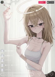 1girl black_eyes blonde_hair breasts broken_halo camisole cigarette cleavage fallen_angel hair_between_eyes halo highres holding holding_cigarette livestream long_hair looking_at_viewer low_wings mansu_(user_pnmp4287) medium_breasts original single_wing smoking solo upper_body white_camisole wings