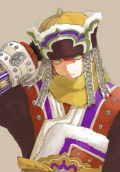 1boy ainu_clothes aryata_(rprr5j9cau) brown_background closed_mouth commentary_request cuilang_(rune_factory) gloves green_eyes hand_on_own_head hand_up hat long_sleeves looking_at_viewer male_focus red_hair rune_factory rune_factory:_guardians_of_azuma simple_background solo upper_body