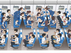 6+boys 6+girls bento black_hair black_pants blue_skirt blue_vest brown_hair card eating implied_pantyshot kiyo_(kyokyo1220) low_twintails multiple_boys multiple_girls original panties pants pantyshot playing_card playing_games pleated_skirt recording school_uniform sexual_harassment shirt short_sleeves sitting skirt socks train_interior twintails underwear v vest white_shirt white_socks