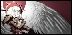 Rule 34 | 1girl, \m/, adepta sororitas, armor, black border, blunt bangs, blush stickers, border, feathered wings, halo, pauldrons, pointing, pointing at viewer, short hair, shoulder armor, smile, solo, spiked halo, spot color, the willow fox, tsuki ni kawatte oshioki yo, warhammer 40k, wings
