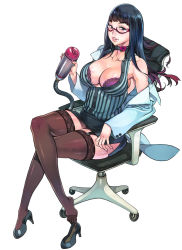 1girl artificial_vagina black_hair blue_eyes blunt_bangs blush body_blush breasts chair choker cleavage collarbone crossed_legs doctor f.s. feet female_focus garter_straps glasses grin high_heels highres hime_cut knee_blush lab_coat large_breasts lingerie long_hair looking_at_viewer nail_polish nose_blush original pink_lips pink_nails sex_toy shoes single_shoe skirt smile smug solo thighhighs unbuttoned underwear vest