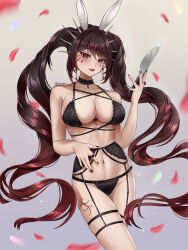 1girl animal_ears ayuu_chii black_bra black_choker black_garter_belt black_panties bra breasts brown_eyes brown_hair brown_lips choker cleavage collarbone eyelashes falling_petals frilled_choker frills garter_belt highres holding holding_knife indie_virtual_youtuber knife leg_tattoo linea_alba long_hair navel open_mouth panties petals rabbit_ears red_nails solo tattoo twintails twitter_username underwear virtual_youtuber wonnikon